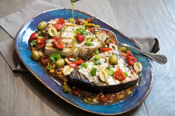 Spicy Mediterranean Swordfish with Tomatoes, Olives and Capers